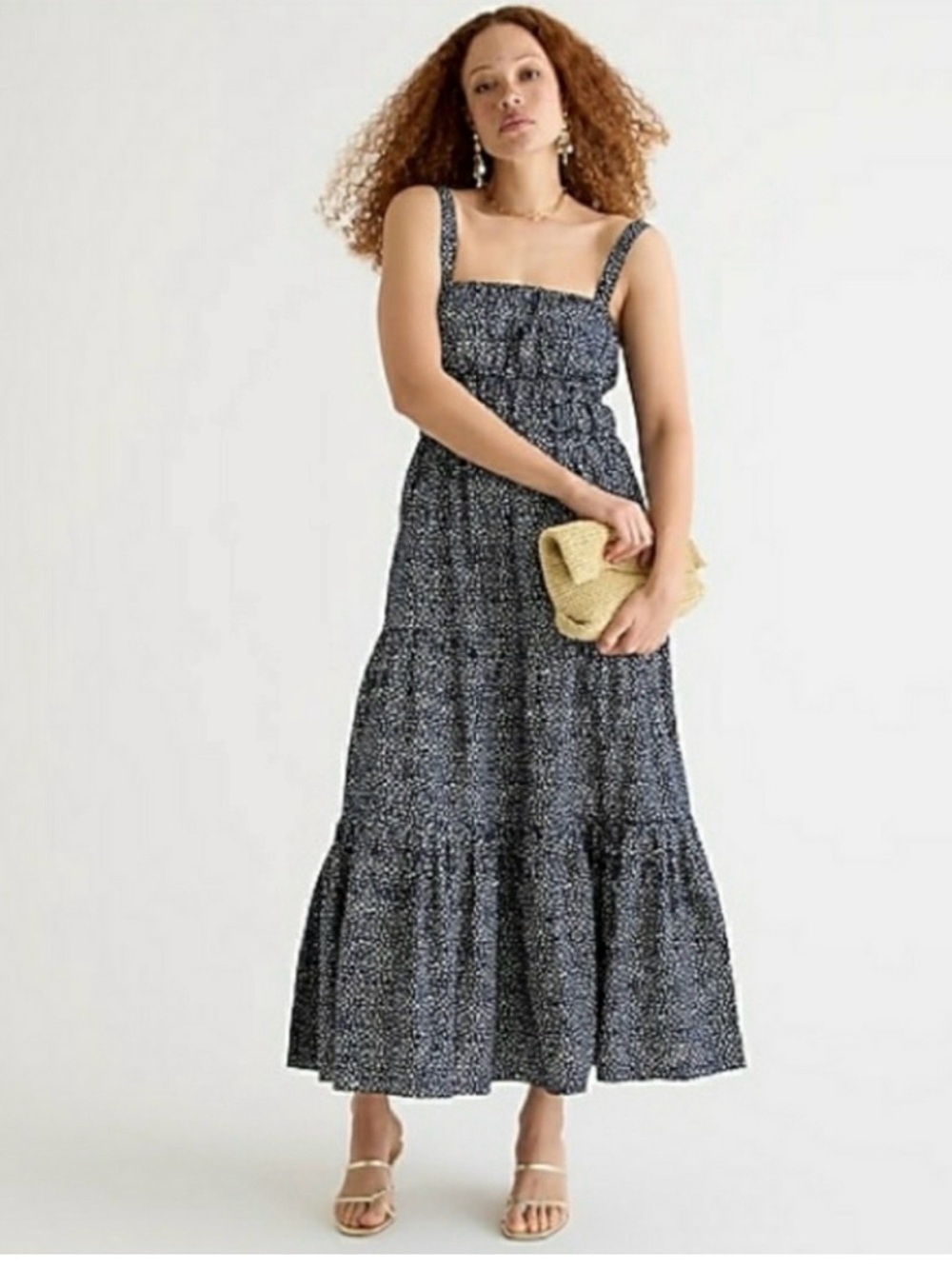 J. Crew Navy Micro-Print Smocked Maxi Dress